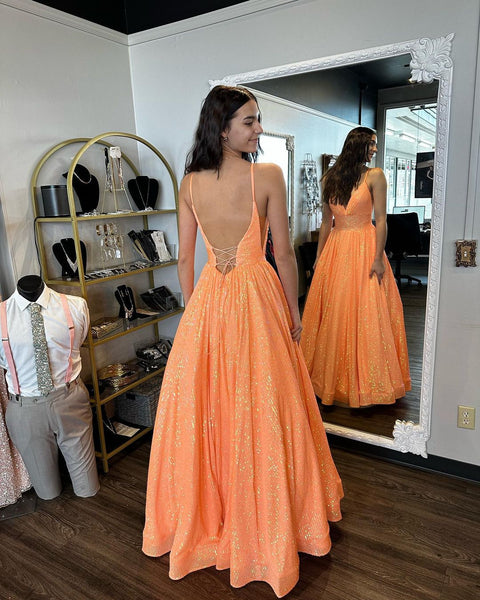 Sparkly A-Line V Neck Orange Sequins Long Prom Dresses with Pockets VK23062801