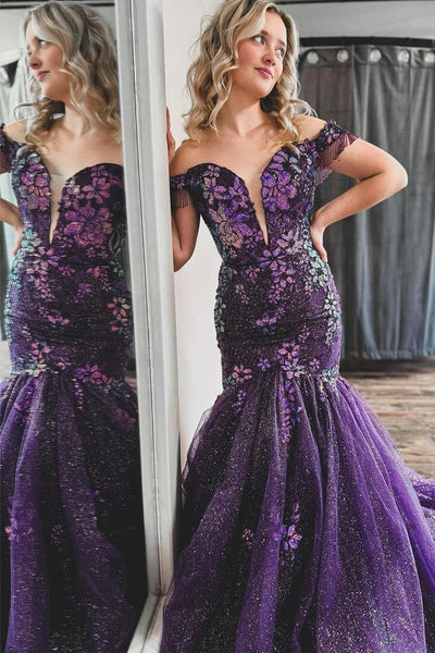 Purple Off the Shoulder Sequin Lace Mermaid Prom Dresses VK23121604