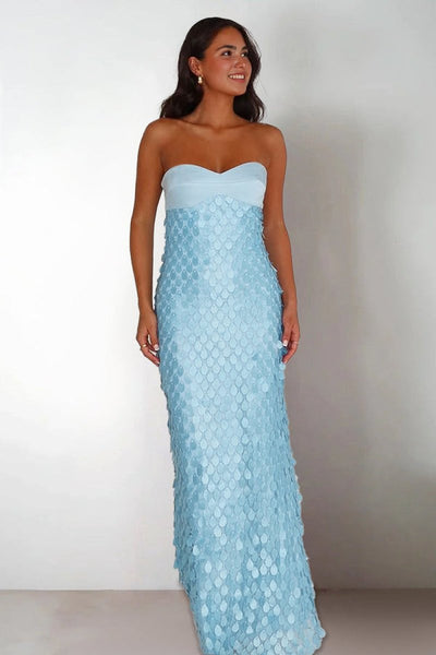 Sheath Strapless Light Blue Satin Sequins Long Prom Dresses VK26010507