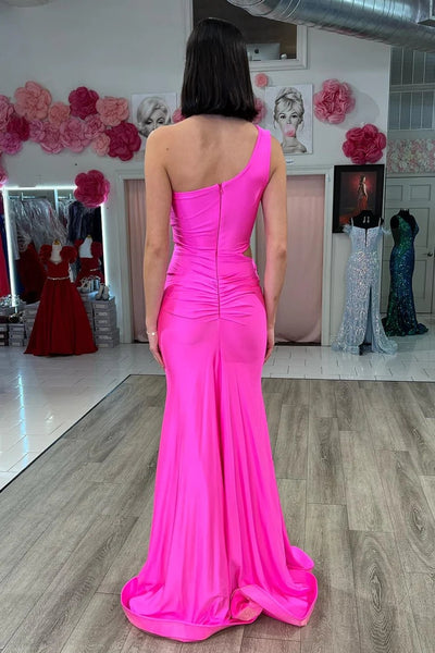 Hot Pink One-Shoulder Cutout Mermaid Long Prom Dress VK24011107