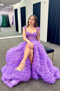 Purple Beaded Feather Off-the-Shoulder Tiered Long Prom Dress with Slit VK23120605