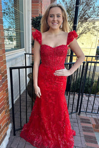 Red Floral Lace Sweetheart Mermaid Long Prom Dress VK23112807