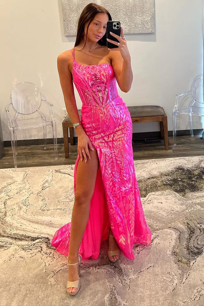 Mermaid One Shoulder Fuchsia Sequins Lace Long Prom Dresses VK24021804