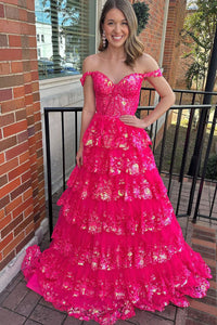 Off the Shoulder Hot Pink Sequin Lace Long Prom Dresses with Slit VK23111107