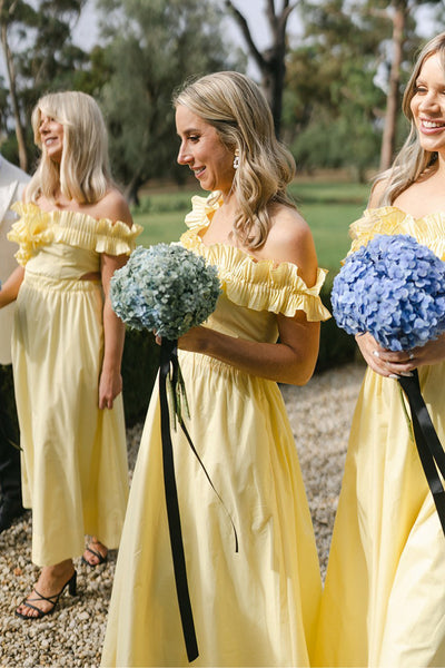Yellow Off the Shoulder Ruffle Satin Ankle Length Bridesmaid Dresses VK24040302
