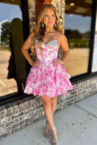 Cute A Line Sweetheart Floral Chiffon Pink Tiered Homecoming Dress with Beading VK25052504