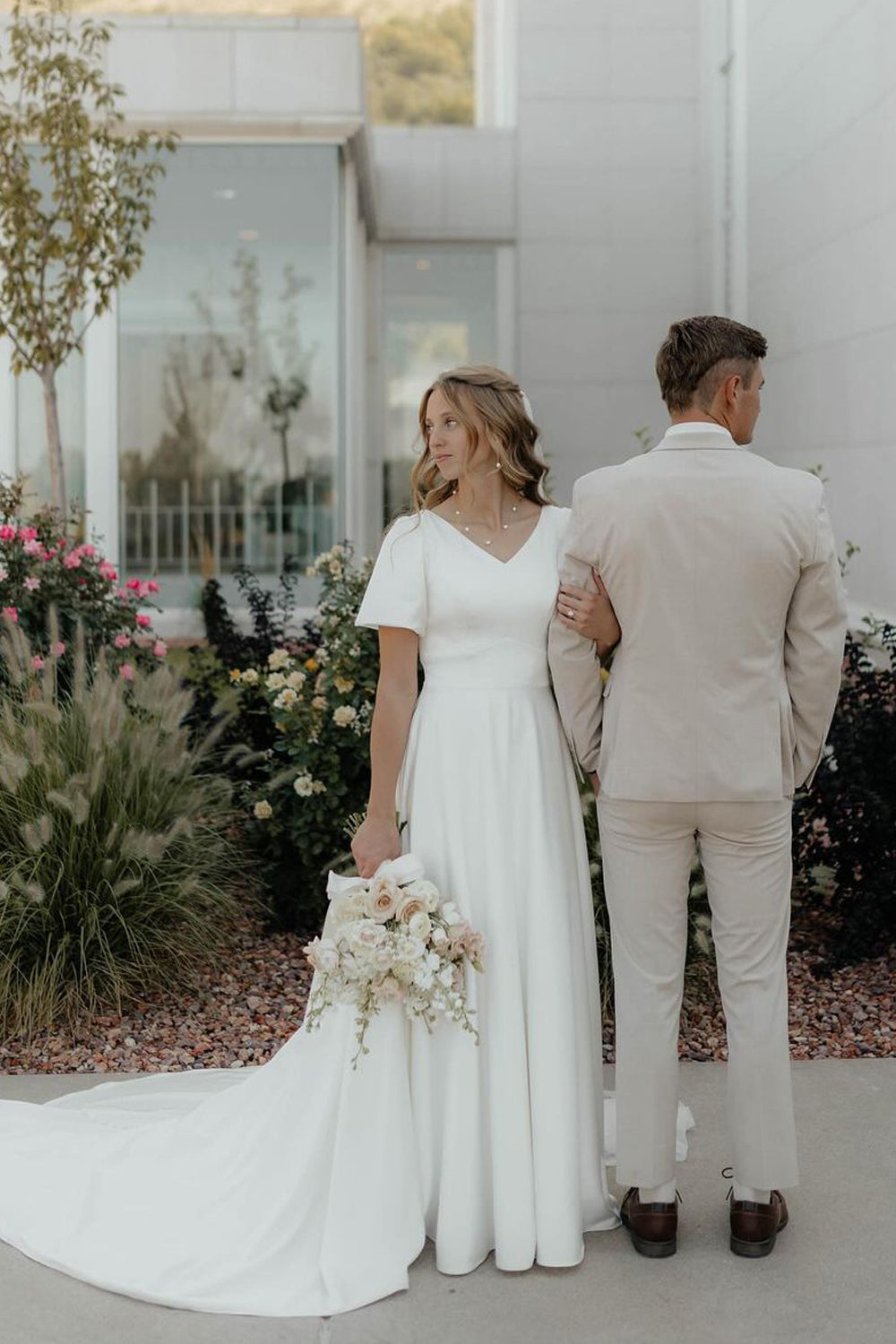 Fairy A Line V Neck Satin Wedding Dresses with Sleeves VK24101005 Vickidress Fairy A Line V Neck Satin Wedding Dresses with Sleeves VK24101005 Vickidress