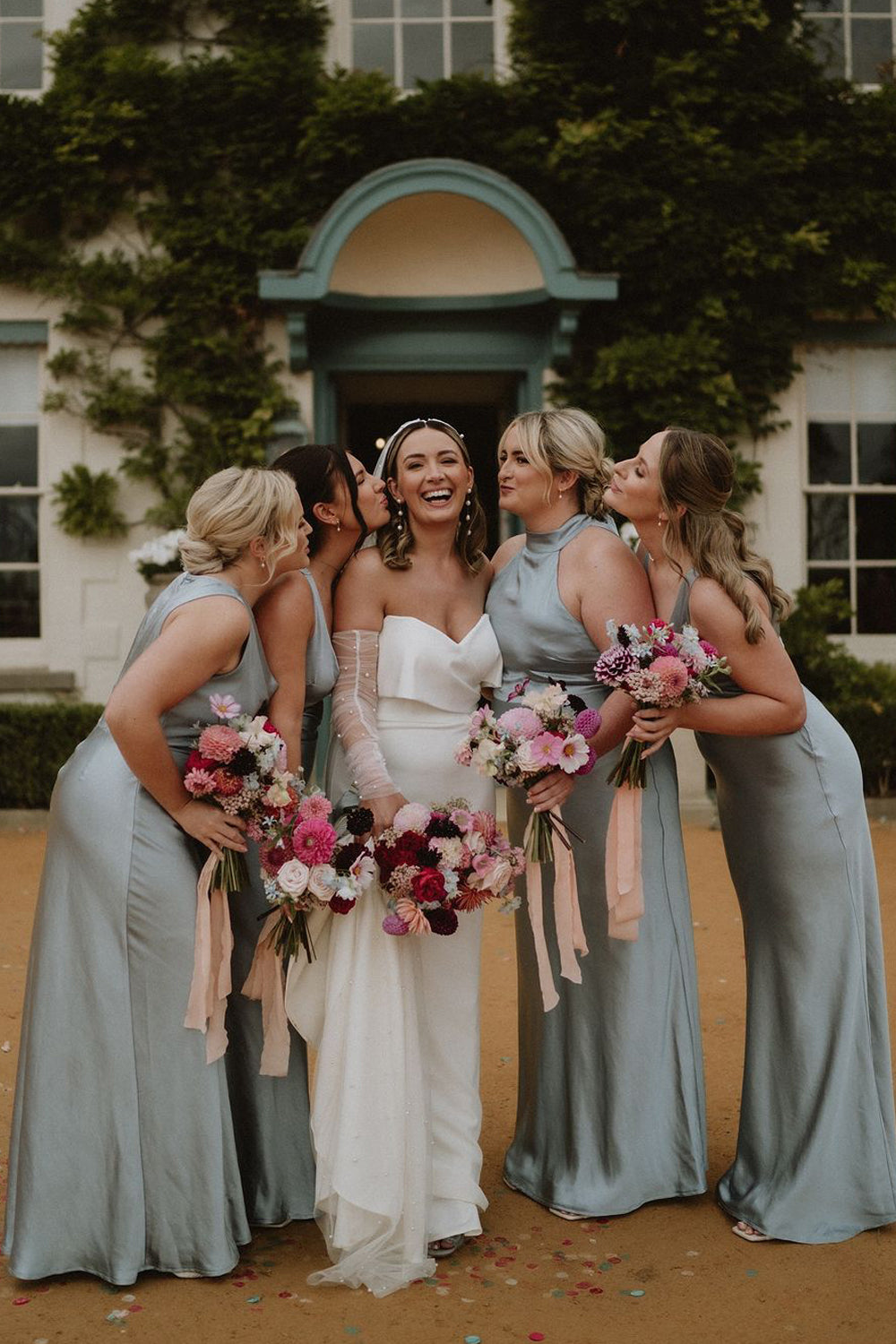Elegant Sheath Halter Dusty Grey Blue Long Bridesmaid Dresses VK24100605
