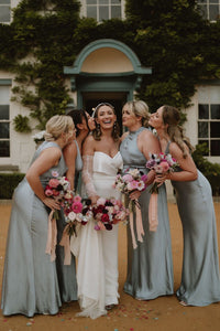 Elegant Sheath Halter Dusty Grey Blue Long Bridesmaid Dresses VK24100605