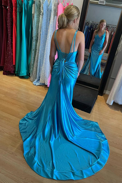 Blue Mermaid Satin V Neck Long Prom Dress with Slit VK23120908