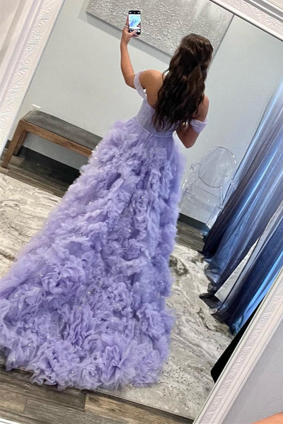 Lavender Tulle Off-the-Shoulder Long Prom Dress with Ruffles VK23093007