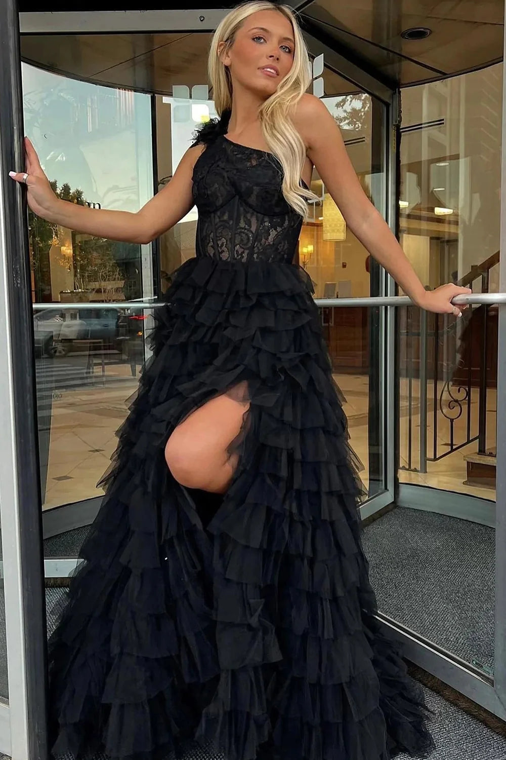 Black One Shoulder Corset Tiered Long Prom Dress with Ruffles VK23101909