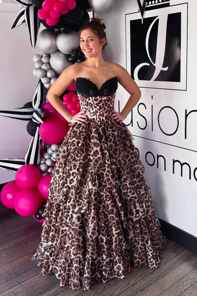 A Line Sweetheart Leopard Chiffon Tiered Prom Dress