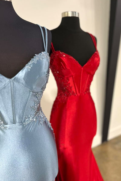 Sparkly Mermaid V Neck Light Blue Stretch Satin Hot Stone Beading Prom Dresses VK24111501