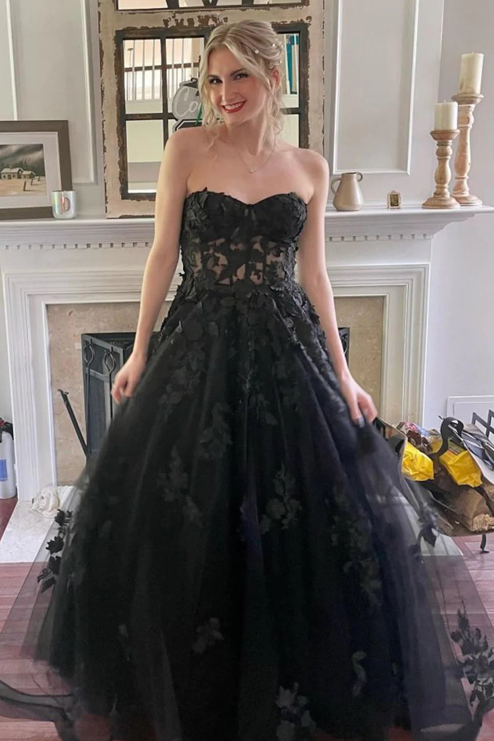 Black Corset A-Line Tulle Long Prom Dress with Lace VK23100308