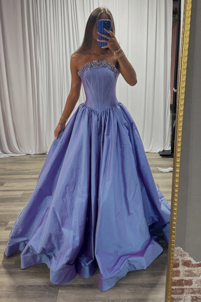 A-Line Strapless Blue Satin Long Prom Dresses with Beading VK26102601