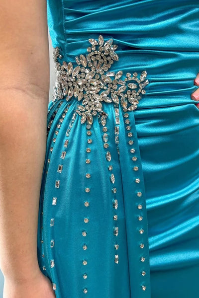 Teal Blue Beaded Spaghetti Strap Long Gown with Attached Train VK24011305