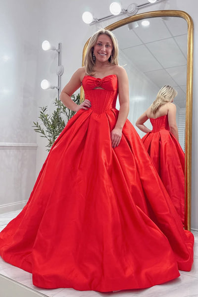 Elegant A-Line Strapless Red Satin Long Prom Dresses VKPD010