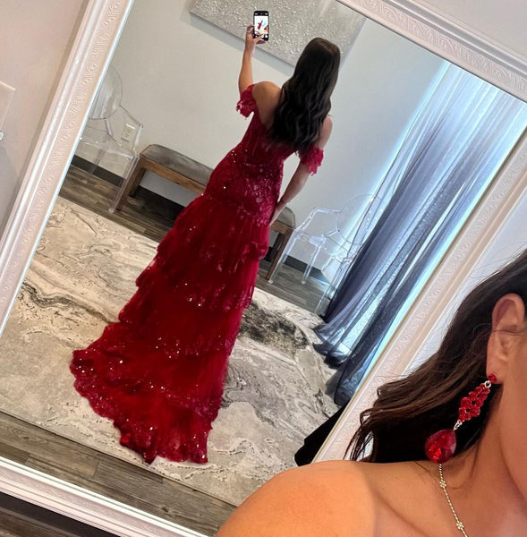 Cute Sparkly Off the Shoulder Red Tulle Long Prom Dresses with Appliques VK23051907