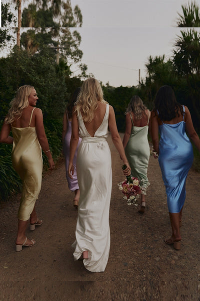 Sheath Silk Satin V Neck Ankle Length Bridesmaid Dresses with Straps VK23101506