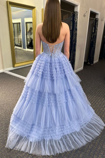 A-Line Ruffle Tiered Tulle Long Prom Dresses with Appliques VK24020801