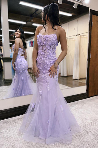 Lilac Mermaid Scoop Neck Long Prom Dress with Appliques VK23100401