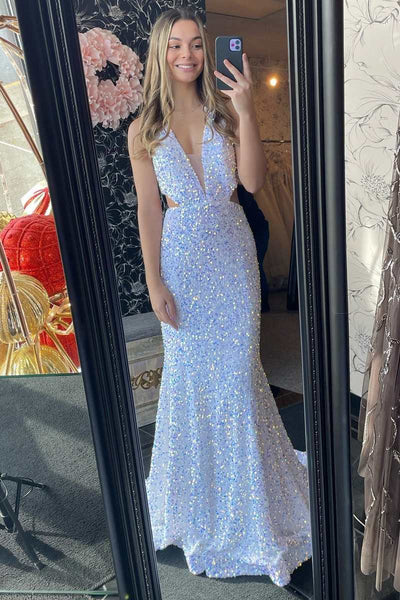Light Blue Iridescent Sequin Halter Cutout Mermaid Long Prom Gown VK23122310