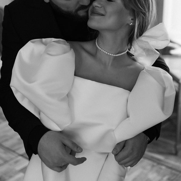 White Satin Short Wedding Dress with Puff Sleeves VK25100201