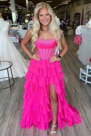Cute A Line Scoop Neck Hot Pink Chiffon Tiered Prom Dress VK090807