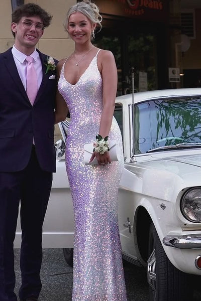 Sparkly Mermaid Spaghetti Straps V Neck Silver Sequins Prom Dresses VK26011506