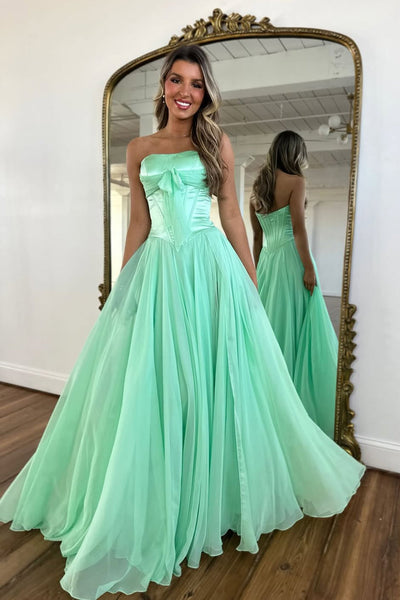 A Line Strapless Light Blue Chiffon Long Prom Dress with Slit VK22804