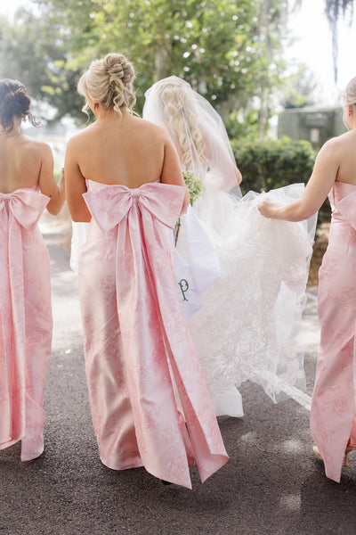 Cute Sheath Light Pink Jacquard Satin Long Bridesmaid Dresses with Big Bow VK26102909