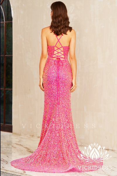 Pink Sequins V Neck Mermaid Long Prom Dresses with Fringe Slit VK24010720