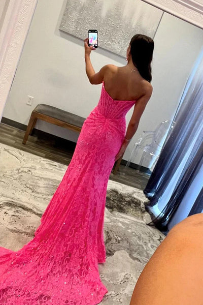 Cute Sheath Scoop Neck Pink Lace Long Prom Dresses with Slit VK112115
