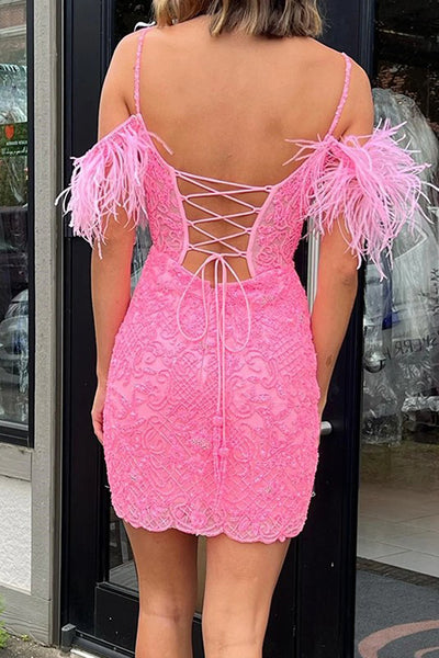 Pink Lace Cold Shoulders Bodycon Short Homecoming Dresses with Furthers VK23080805