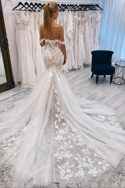 Boho Mermaid Off the Shoulder Tulle Wedding Dresses with Appliques VK24110702