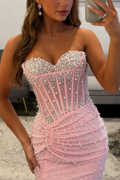 Mermaid Sweetheart Corset Pink Pearls Beaded Long Prom Dresses with Slit VK26010708