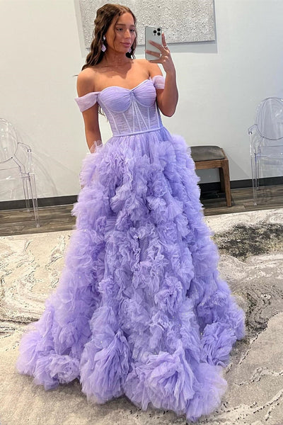 Lavender Tulle Off-the-Shoulder Long Prom Dress with Ruffles VK23093007