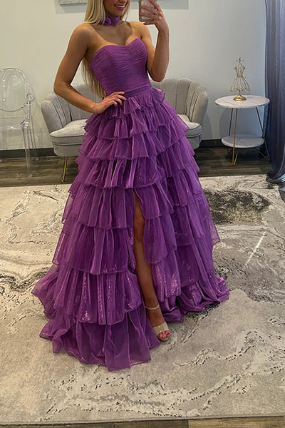 Gilitter Ball Gown Strapless Purple Organza Ruffle Tiered Prom Dresses with Slit VK26010704