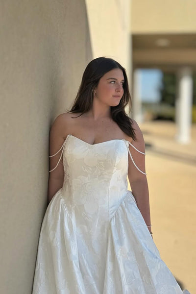 Elegant A-Line Off the Shoulder White Jacquard Satin Wedding Dresses VK25102003