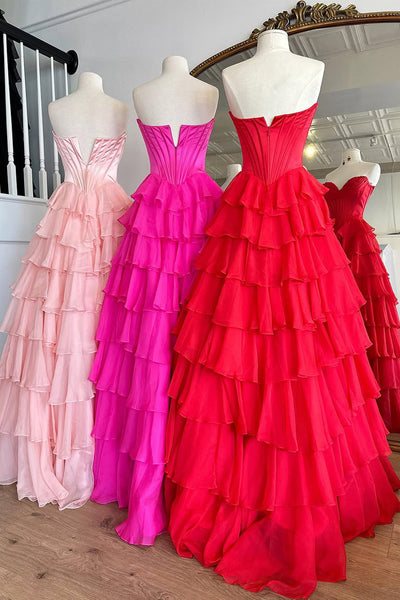 Cute A Line Sweetheart Pink Chiffon Tiered Prom Dress with Slit VK020108