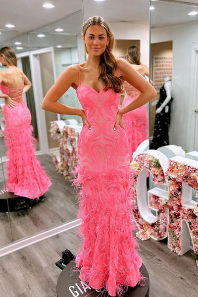 Pink Sweetheart Sequins Lace Mermaid Long Prom Dresses with Feather VK24020202
