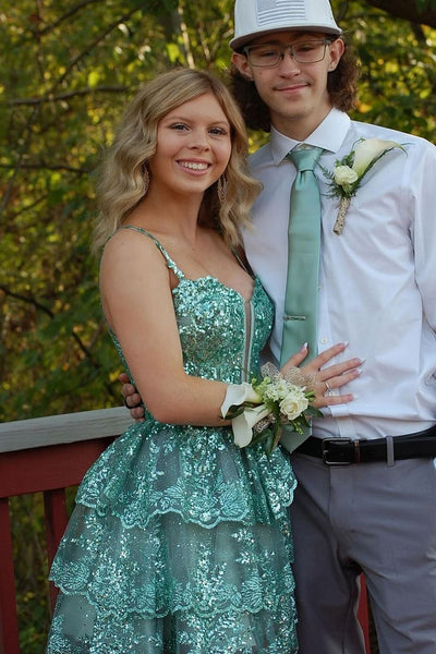 Cute A Line V Neck Sage Green Sequins Lace Short Homcoming Dresses VK13101