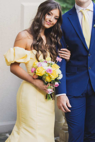 Charming Mermaid Strapless Yellow Satin Prom Dress with Bow VK24122409
