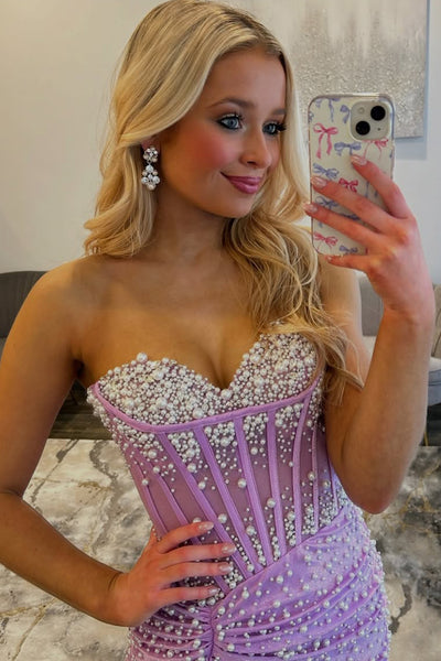 Mermaid Sweetheart Pink Corset Pearls Prom Dresses with Slit VK26012703