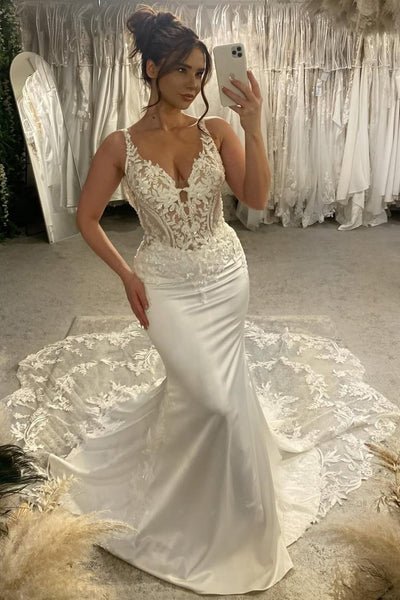 Gorgeous Mermaid V Neck Satin Wedding Dress with Appliques VK022809