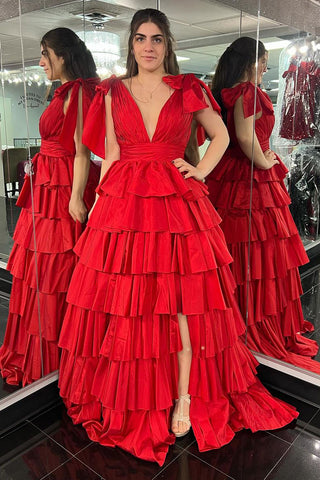 Red V Neck Ruffle Tiered Satin Long Prom Dresses VK24022203