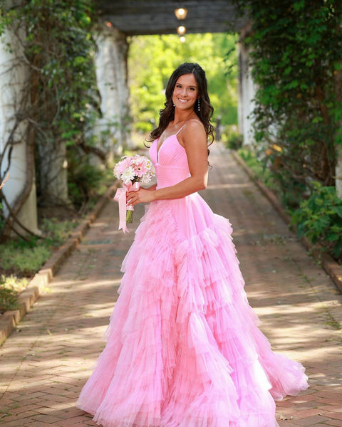 Charming Ball Gown V Neck Pink Tulle Long Prom Dresses VK23050501