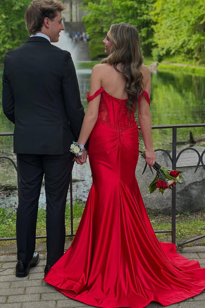 Cute Mermaid Off the Shoulder Satin Long Prom Dresses VK25052404