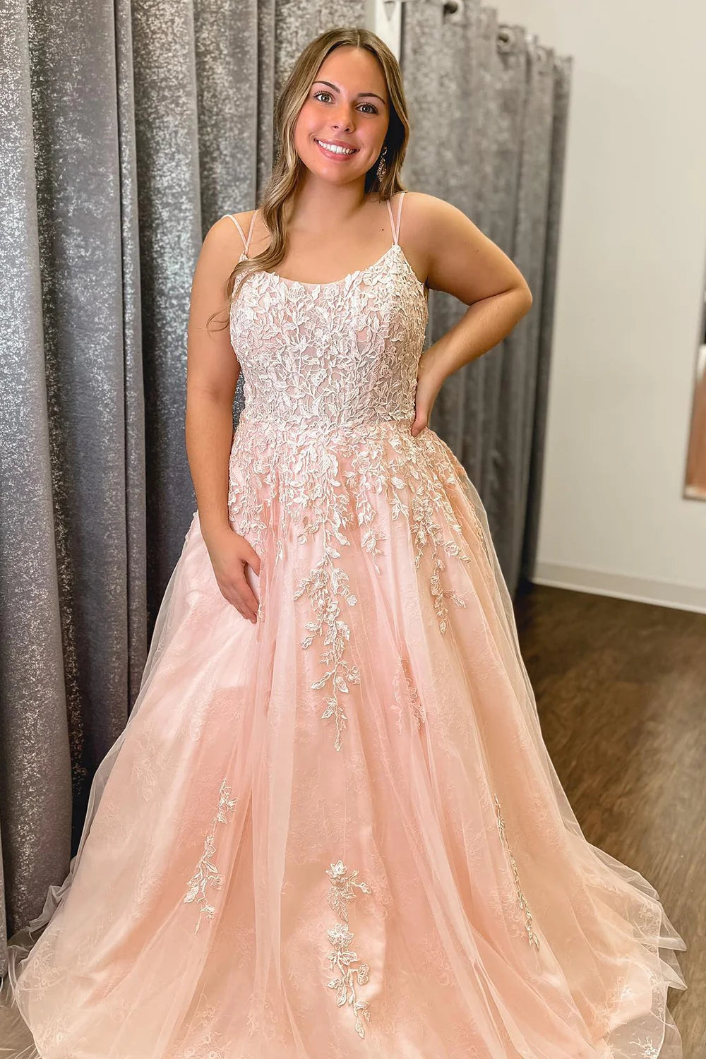 A-Line Scoop Neck Blush Pink Tulle Long Prom Dresses with Appliques VK23091007